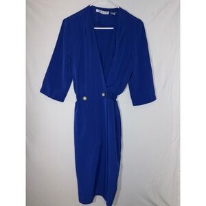 Chaus Royal Blue V Neck‎ Midi Dress Smocked Waist Gold Button Detail Size 10